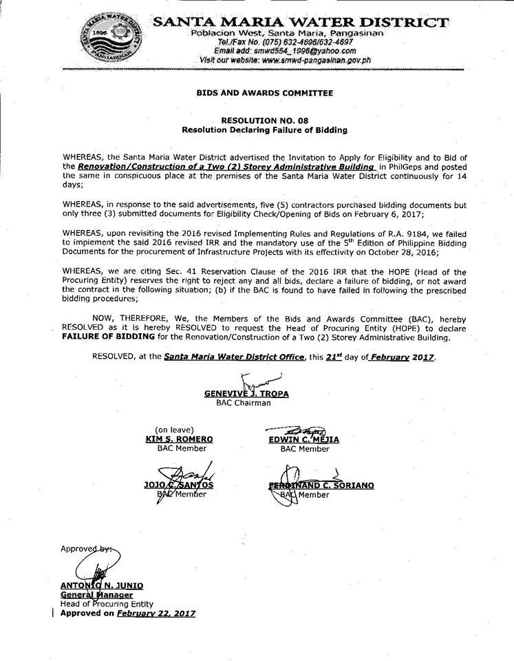 FAILURE OF BIDDING FOR THE RENOVATION/CONSTRUCTION OF A TWO (2) STOREY ADMINISTRATIVE BUILDING OF SANTA MARIA WATER DISTRICT