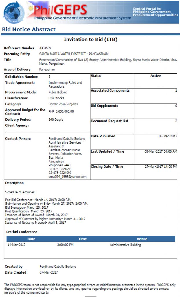 Invitation to Bid (ITB) Renovation/Construction of Two (2) Storey Administrative Building, Santa Maria Water District. Sta. Maria, Pangasinan