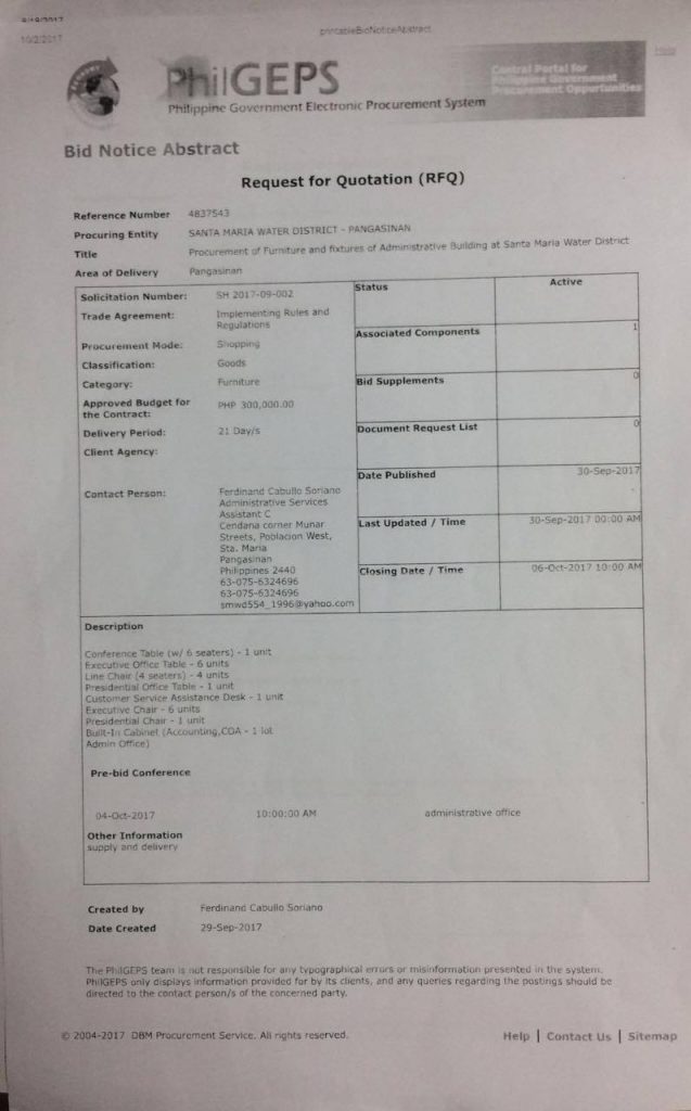 Procurement of Furniture and fixtures of Administrative Building  SMWD