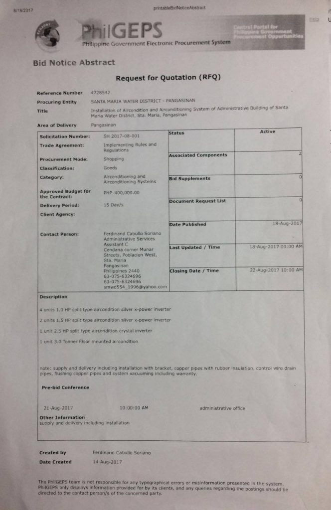 Installation of Aircon and Airconditioning System Of Administrative Building Of Santa Maria Water District, Sta. Maria, Pangasinan